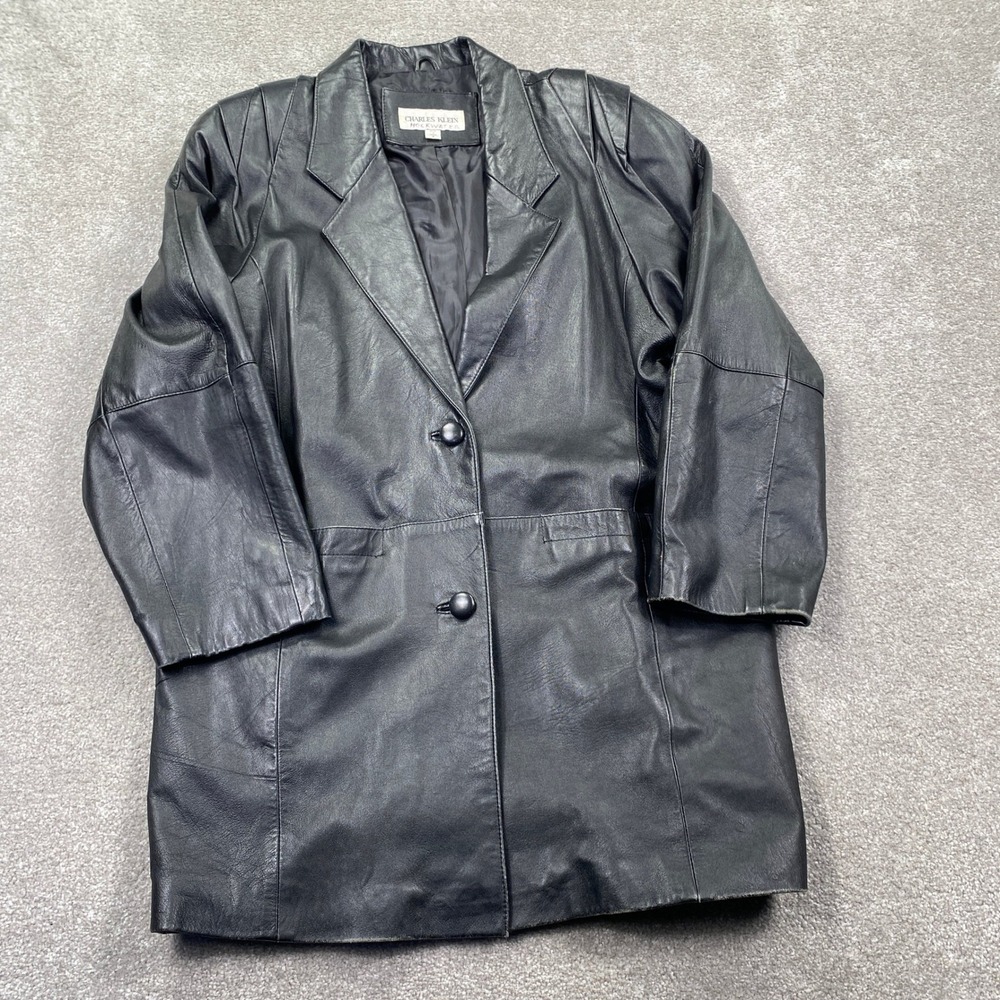 Charles Klein Leather Blazer Jacket Womens Medium Black 90s Vintage Oversized